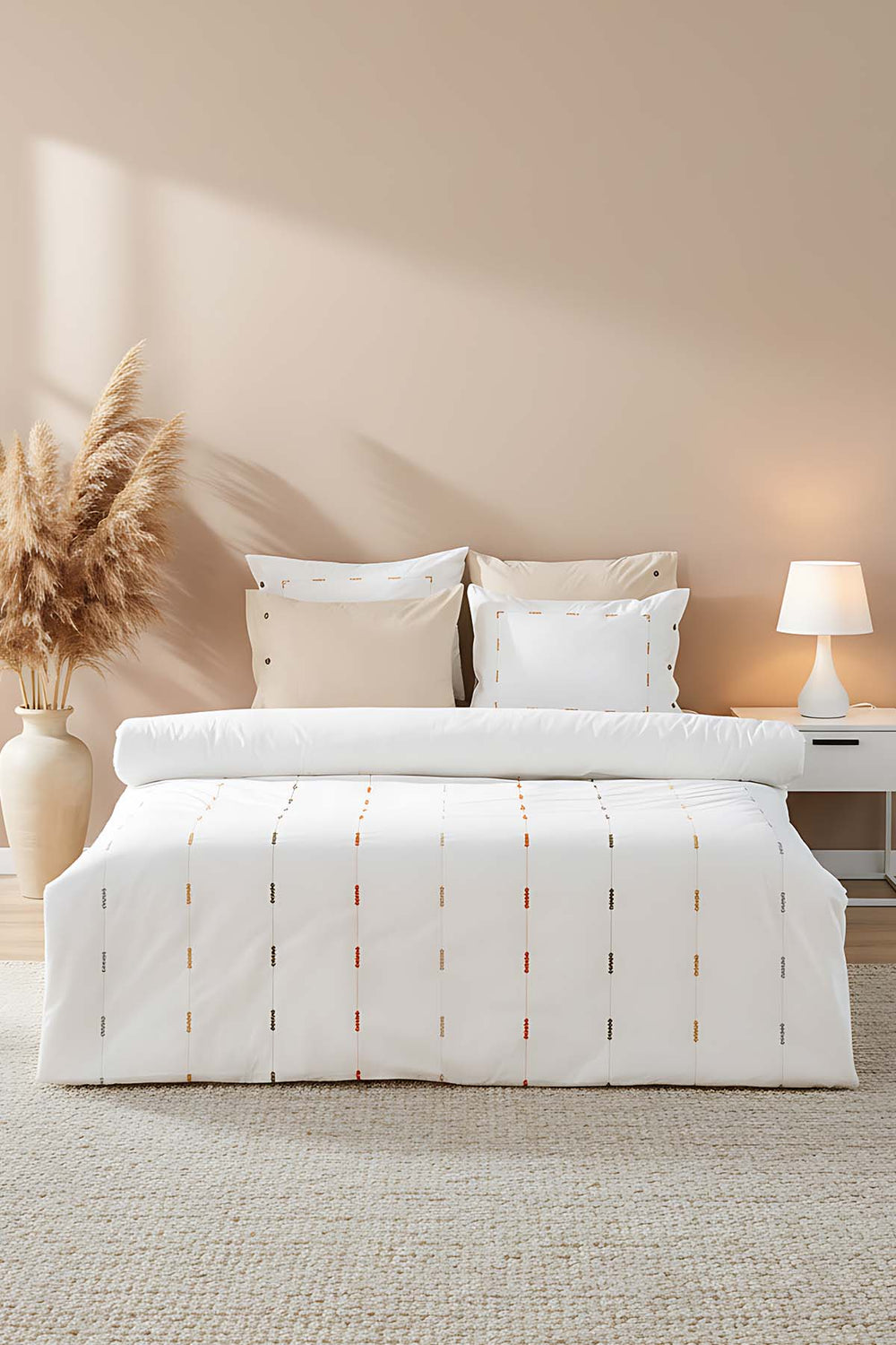 Victoria Cream 100% Cotton Embroidered Duvet Cover Set, 6-Piece Double Size Bedding – Breathable Fabric, 200x220 cm