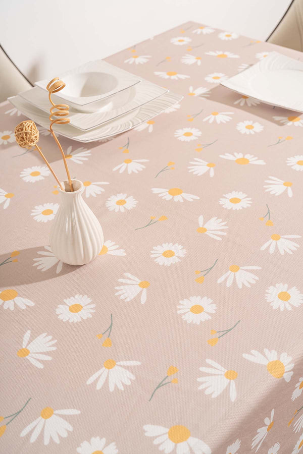 Beige Daisy Patterned Tablecloth, Table Fabric, Picnic Blanket