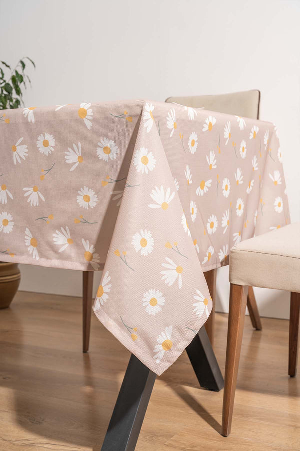 Beige Daisy Patterned Tablecloth, Table Fabric, Picnic Blanket