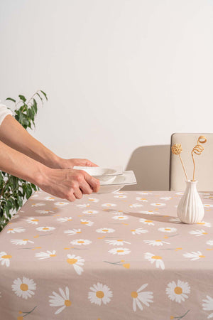 Beige Daisy Patterned Tablecloth, Table Fabric, Picnic Blanket