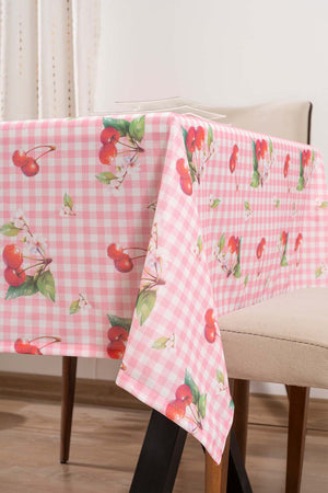 Pink-Cherry Gingham Patterned Tablecloth, Table Fabric, Picnic Blanket