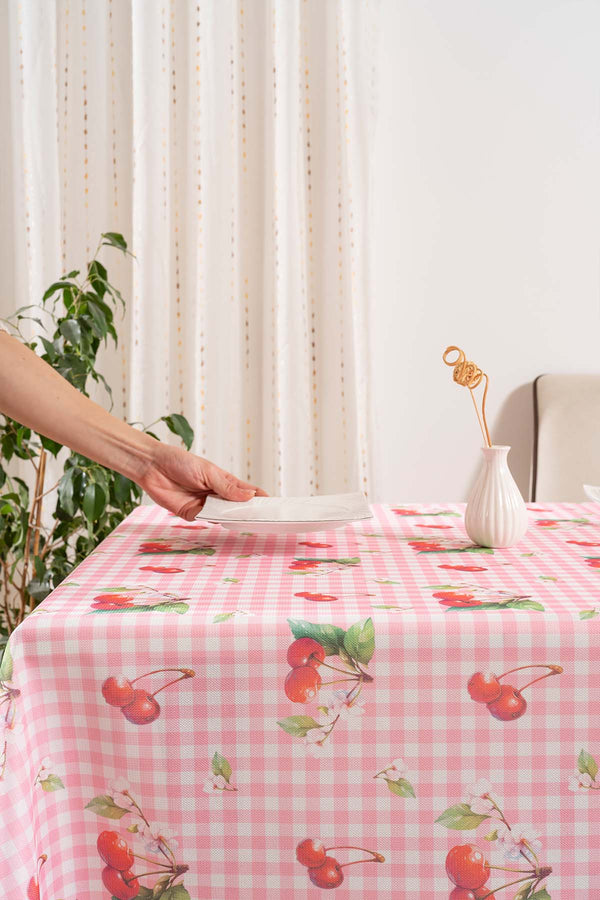 Pink-Cherry Gingham Patterned Tablecloth, Table Fabric, Picnic Blanket