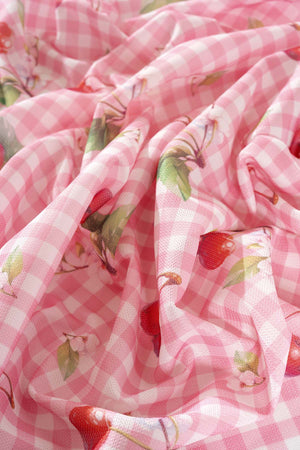 Pink-Cherry Gingham Patterned Tablecloth, Table Fabric, Picnic Blanket