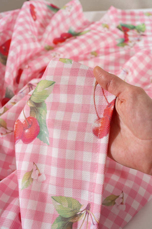 Pink-Cherry Gingham Patterned Tablecloth, Table Fabric, Picnic Blanket