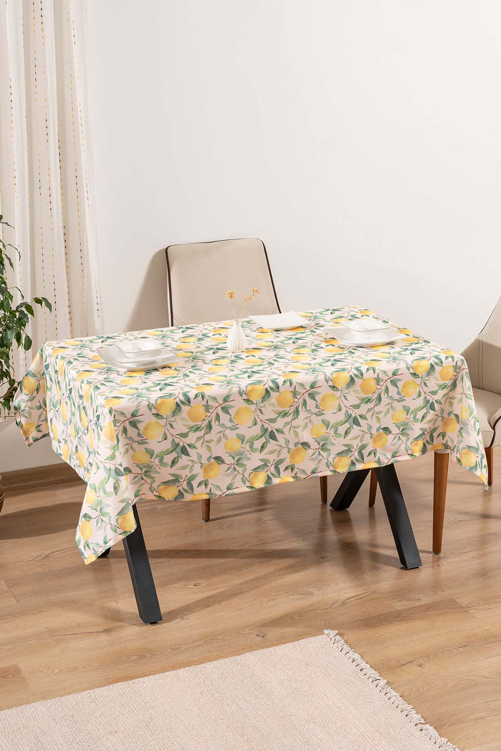 Cream Tablecloth with Lemon Pattern, Table Fabric, Picnic Blanket