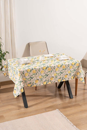 Cream Tablecloth with Lemon Pattern, Table Fabric, Picnic Blanket