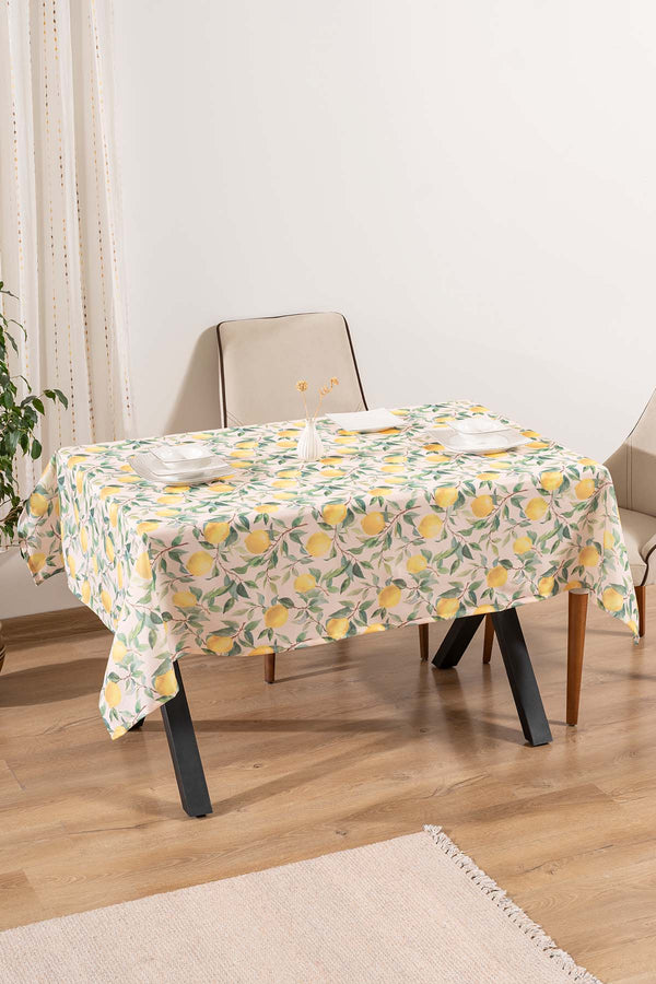 Cream Tablecloth with Lemon Pattern, Table Fabric, Picnic Blanket