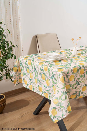 Cream Tablecloth with Lemon Pattern, Table Fabric, Picnic Blanket