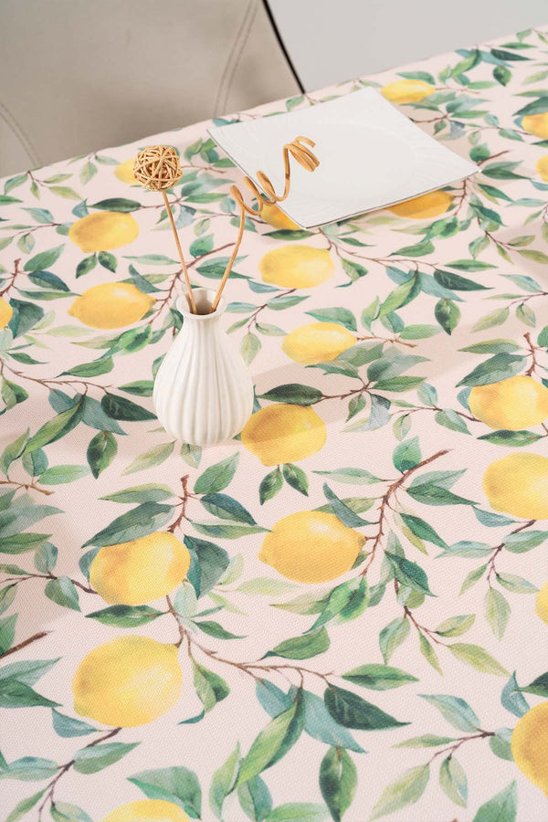 Cream Tablecloth with Lemon Pattern, Table Fabric, Picnic Blanket