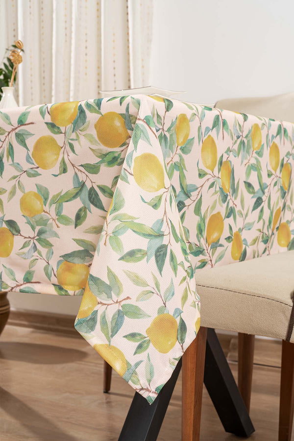 Cream Tablecloth with Lemon Pattern, Table Fabric, Picnic Blanket