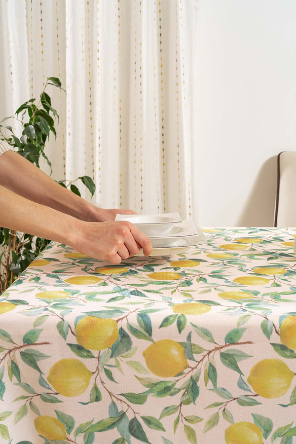 Cream Tablecloth with Lemon Pattern, Table Fabric, Picnic Blanket