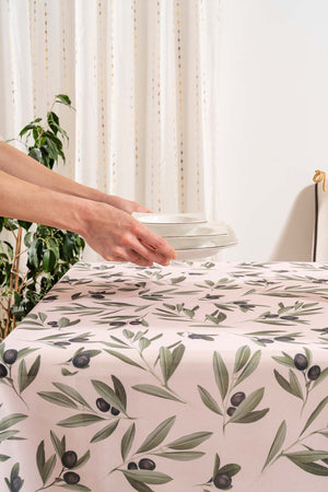 Cream Tablecloth with Olive Branch Pattern, Table Fabric, Picnic Blanket