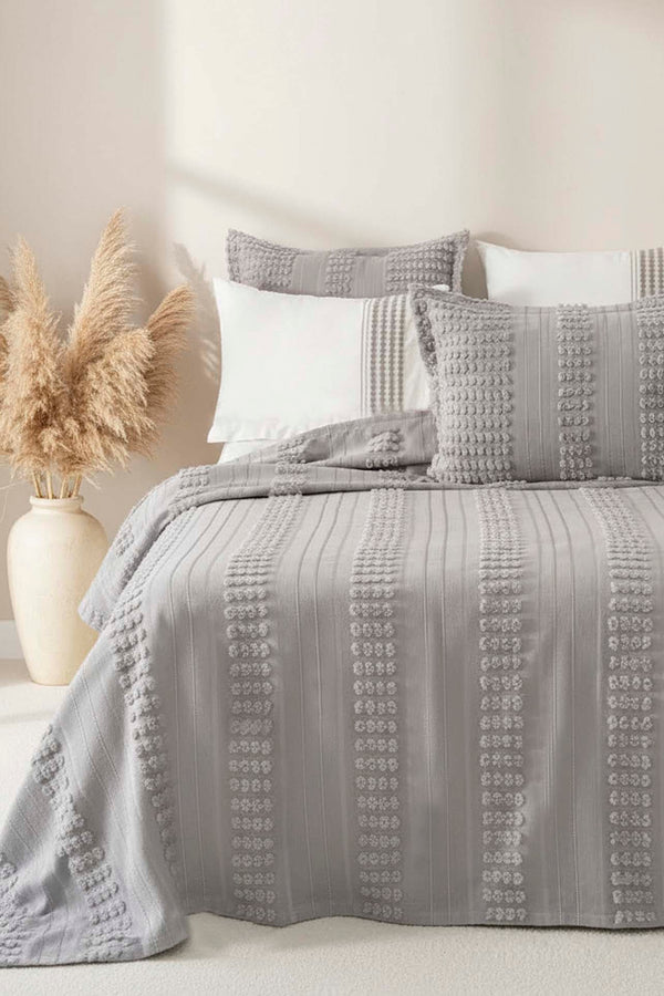Maisa Gray Embroidered 7-Piece Bridal/Quilt Set – Polycotton Duvet Cover, Bedspread & Sheet Set, King/Cal-King Size