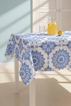 Alaçatı Blue Tile Tablecloth – Casual & Wipeable Polyester, Picnic/Kitchen Use, 140x200 cm