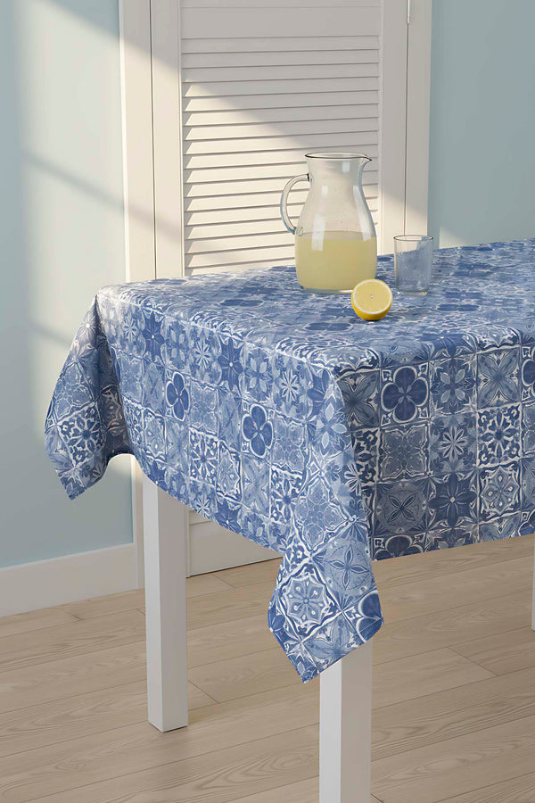 Blue Tile Patterned Tablecloth – Casual & Wipeable Polyester, Picnic/Kitchen Use, 140x200 cm
