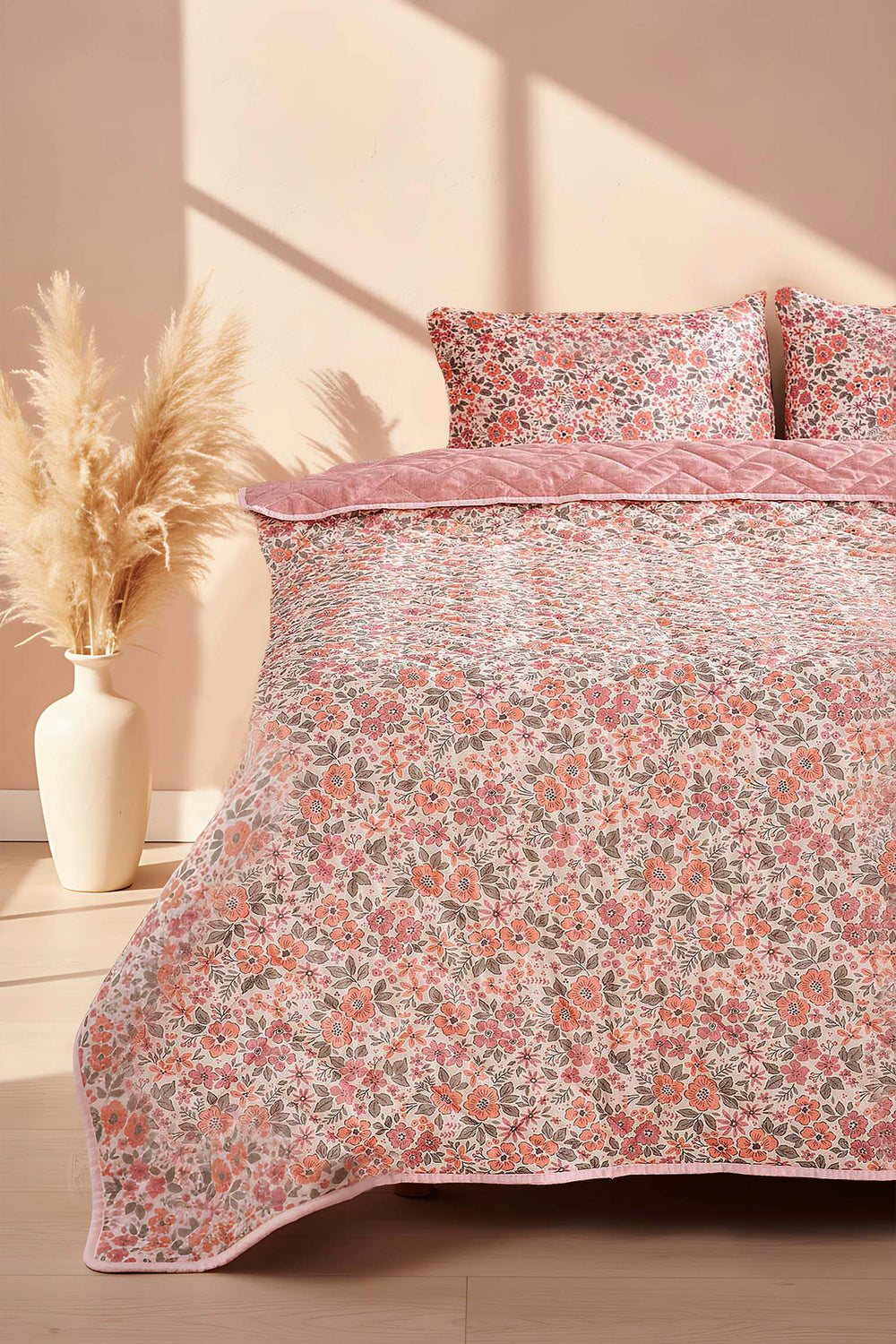 Pink Spring Polycotton Quilted Throw/Multi-Purpose Bedspread – Double Size, Breathable, Single Piece, 200x200 cm