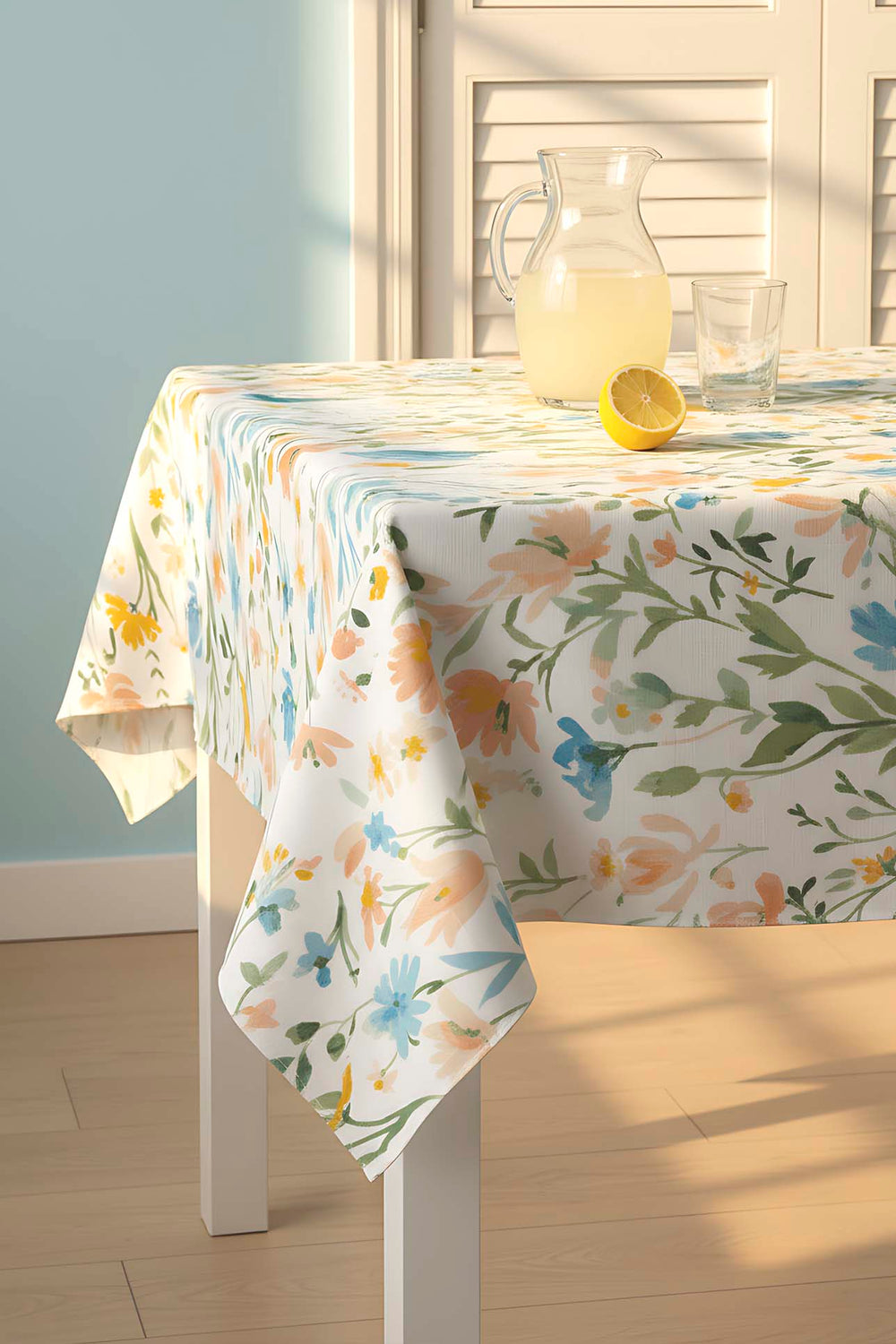 Floral Patterned White Tablecloth – Casual & Wipeable Polyester, Picnic/Kitchen Use, 140x200 cm