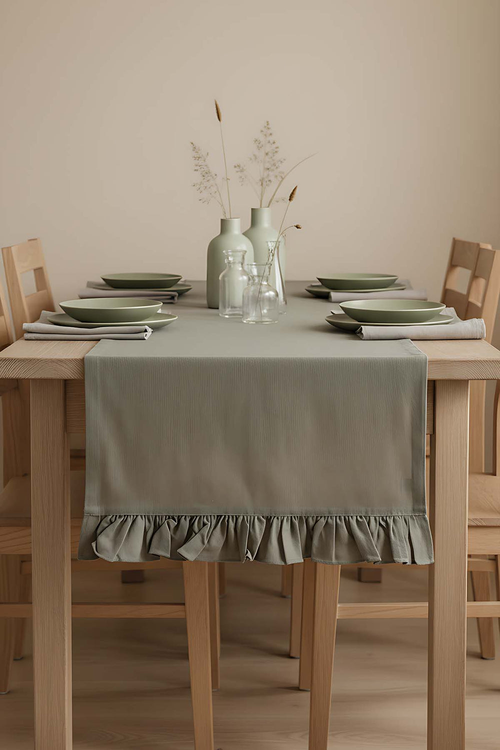 Ruffle Khaki Ruffled 100% Cotton Raw Linen Runner – 50x130 cm