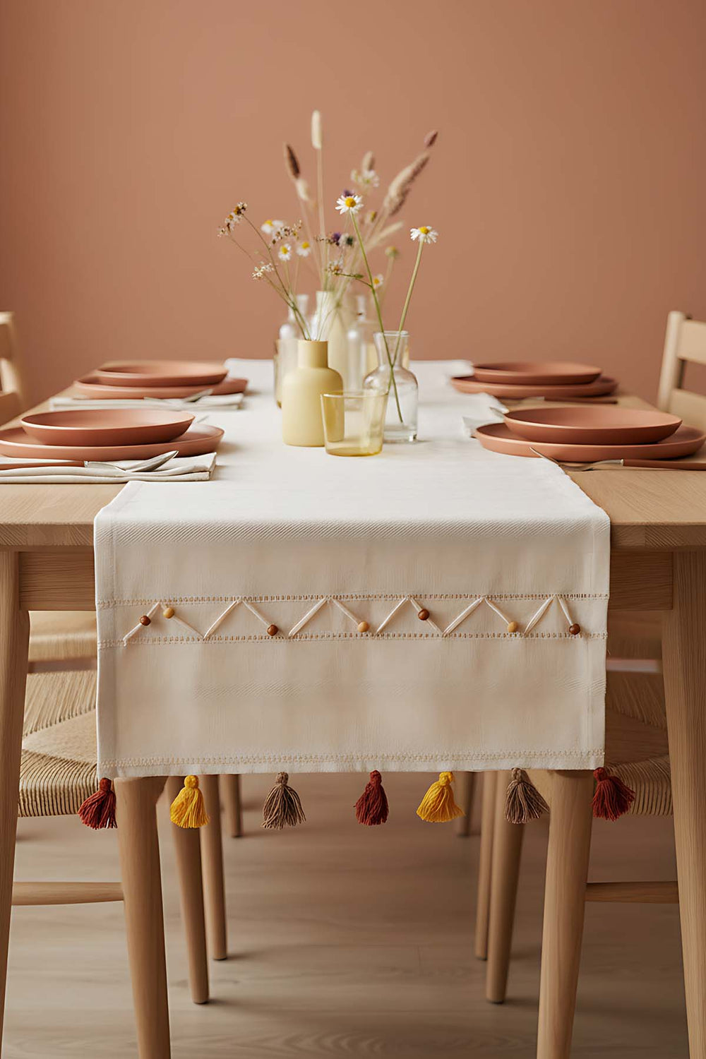 Ruffle Beaded & Fringed 100% Cotton Raw Linen Runner – 50x130 cm