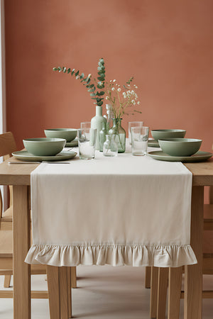 Ruffle Beige Ruffled 100% Cotton Raw Linen Runner – 50x130 cm