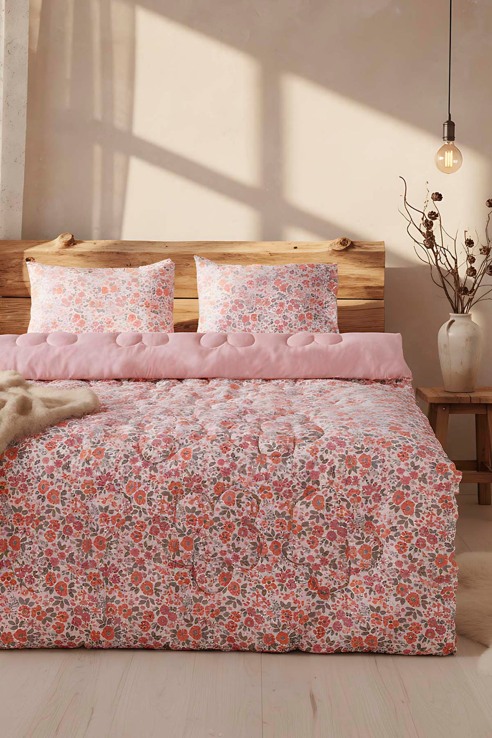 Pink Spring Double-Sided Daisy Quilted Quilt - 200x215 cm