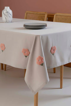 Florita Grey Punch Embroidered Tablecloth – Stain-Proof, Easy-Care, 160x220 cm