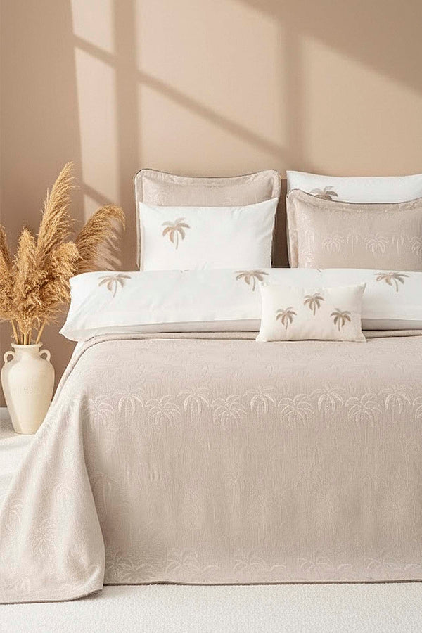Palmiye Mink Embroidered 8-Piece Bridal/Quilt Set – Polycotton Duvet Cover, Bedspread & Sheet Set, Queen/King Size