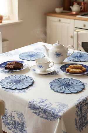 Floral Pattern Embroidered Blue Set of 4 Napkins, Cocktail Napkins, Coffee Side Napkins, Coasters, 14x14 cm
