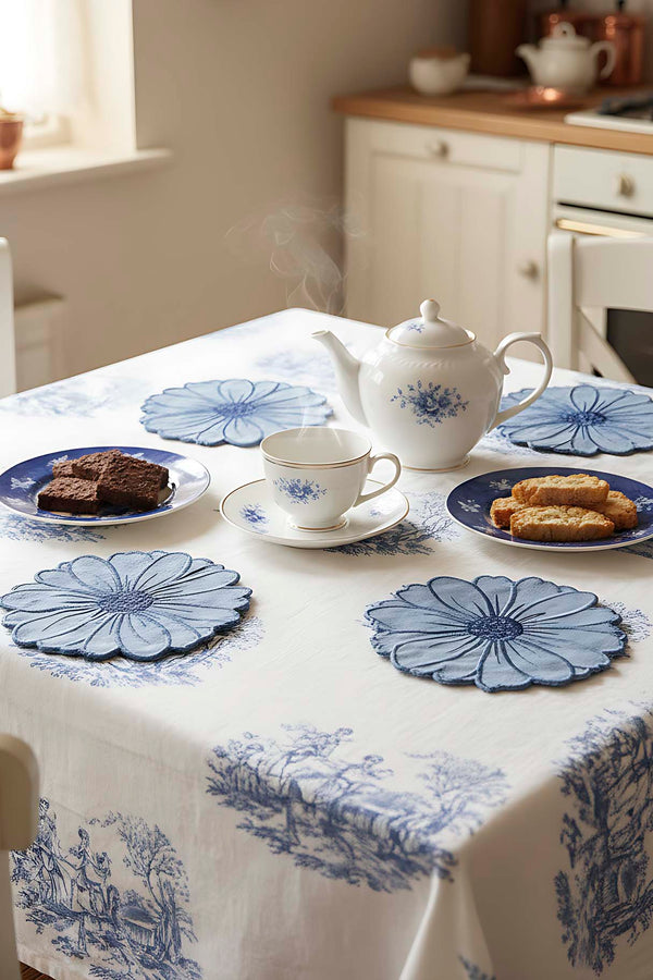 Floral Pattern Embroidered Blue Set of 4 Napkins, Cocktail Napkins, Coffee Side Napkins, Coasters, 14x14 cm
