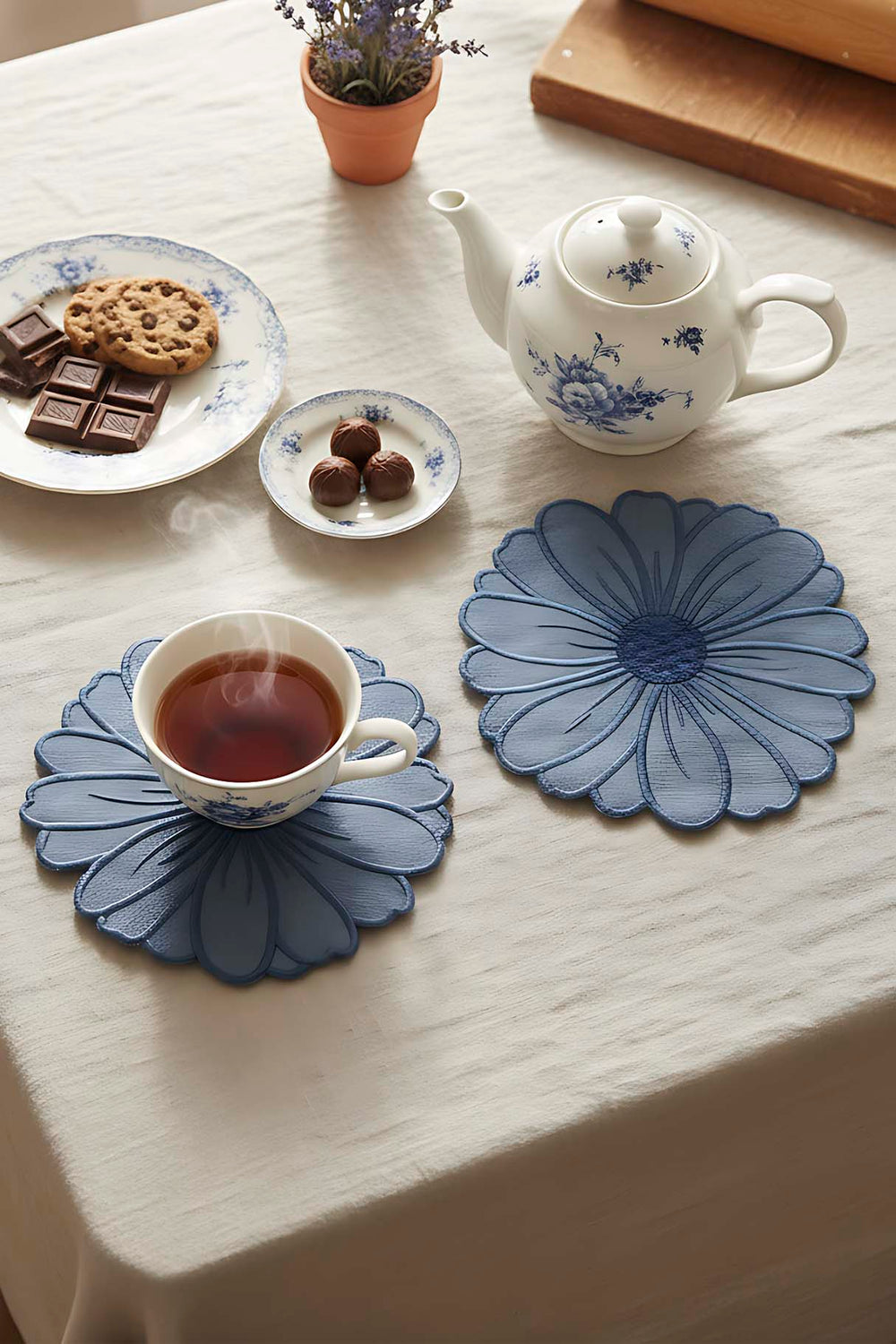 Floral Pattern Embroidered Blue Set of 4 Napkins, Cocktail Napkins, Coffee Side Napkins, Coasters, 14x14 cm