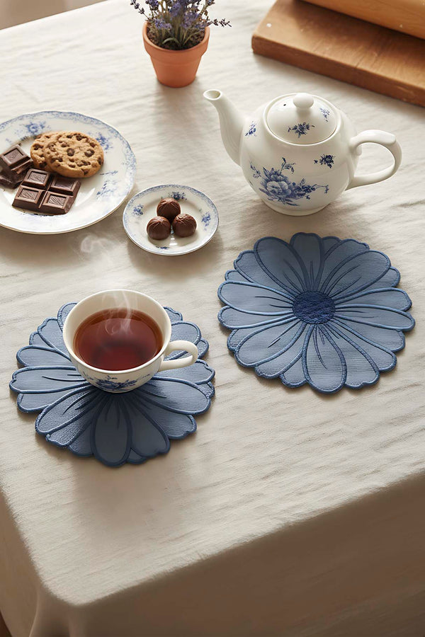 Floral Pattern Embroidered Blue Set of 4 Napkins, Cocktail Napkins, Coffee Side Napkins, Coasters, 14x14 cm