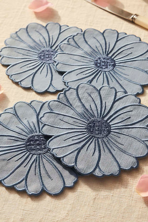 Floral Pattern Embroidered Blue Set of 4 Napkins, Cocktail Napkins, Coffee Side Napkins, Coasters, 14x14 cm
