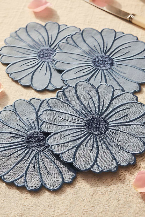 Floral Pattern Embroidered Blue Set of 4 Napkins, Cocktail Napkins, Coffee Side Napkins, Coasters, 14x14 cm