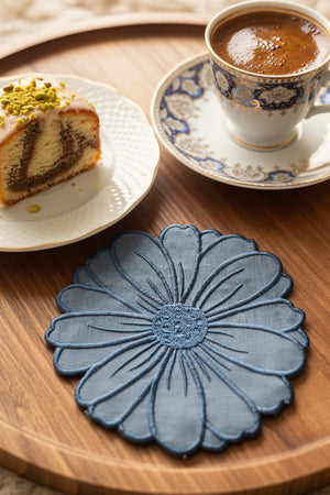Floral Pattern Embroidered Blue Set of 4 Napkins, Cocktail Napkins, Coffee Side Napkins, Coasters, 14x14 cm