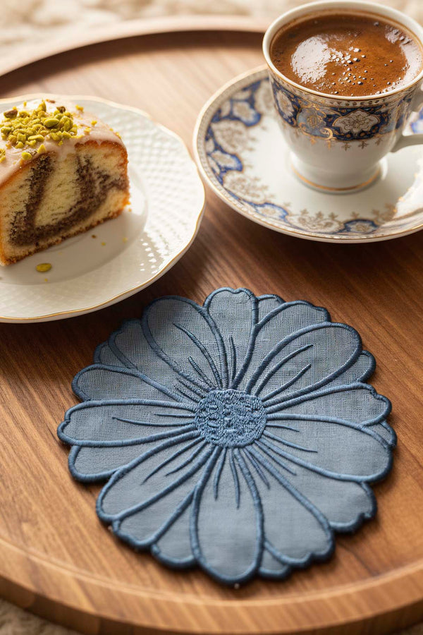 Floral Pattern Embroidered Blue Set of 4 Napkins, Cocktail Napkins, Coffee Side Napkins, Coasters, 14x14 cm