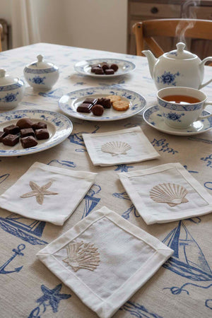 Marine Embroidered Set of 6 Napkins, Cocktail Napkins, Coffee Side Napkins, Coasters, 14x14 cm