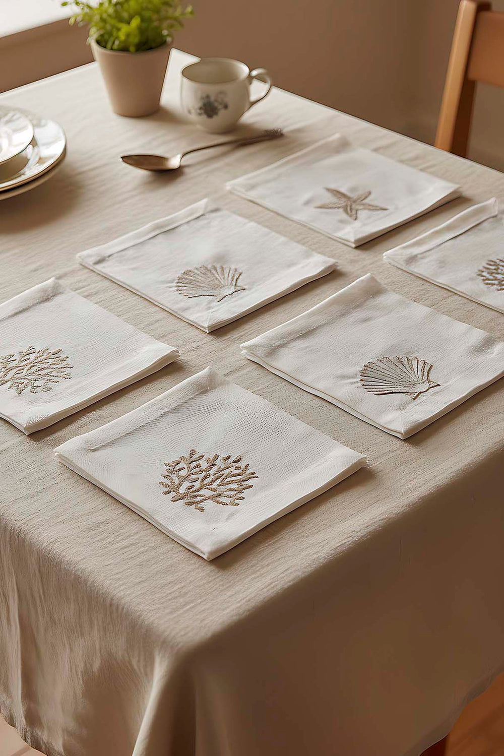 Marine Embroidered Set of 6 Napkins, Cocktail Napkins, Coffee Side Napkins, Coasters, 14x14 cm