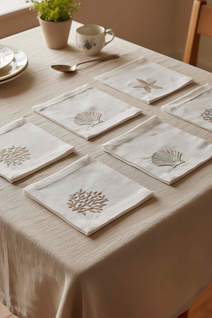 Marine Embroidered Set of 6 Napkins, Cocktail Napkins, Coffee Side Napkins, Coasters, 14x14 cm