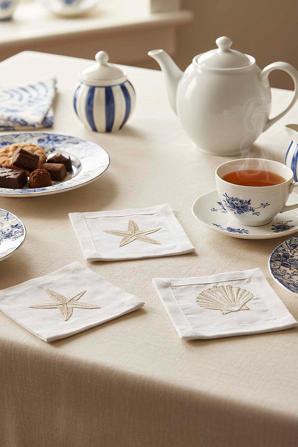 Marine Embroidered Set of 6 Napkins, Cocktail Napkins, Coffee Side Napkins, Coasters, 14x14 cm