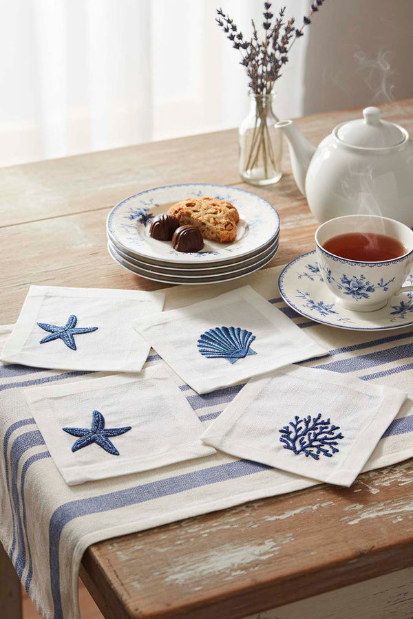 Marine Embroidered Set of 6 Napkins, Cocktail Napkins, Coffee Side Napkins, Coasters, 14x14 cm