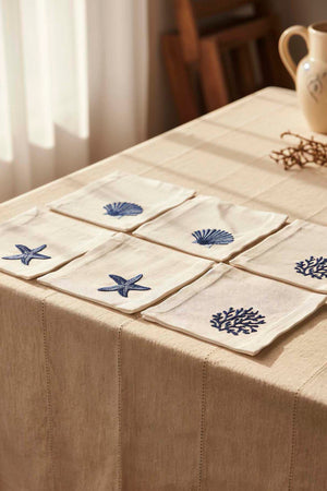 Marine Embroidered Set of 6 Napkins, Cocktail Napkins, Coffee Side Napkins, Coasters, 14x14 cm