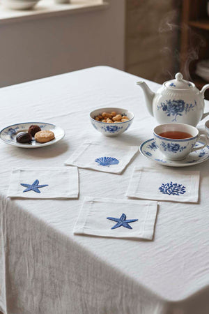 Marine Embroidered Set of 6 Napkins, Cocktail Napkins, Coffee Side Napkins, Coasters, 14x14 cm