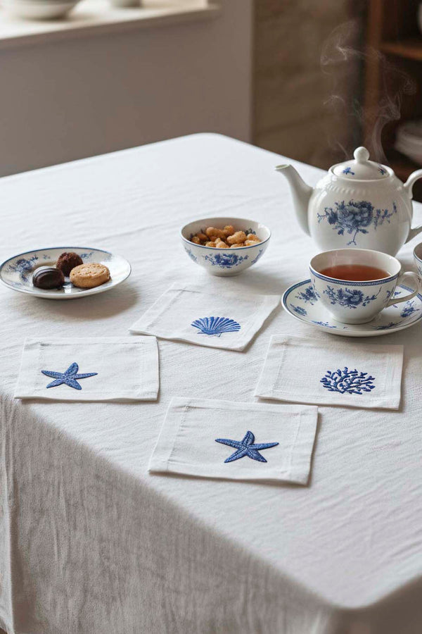 Marine Embroidered Set of 6 Napkins, Cocktail Napkins, Coffee Side Napkins, Coasters, 14x14 cm