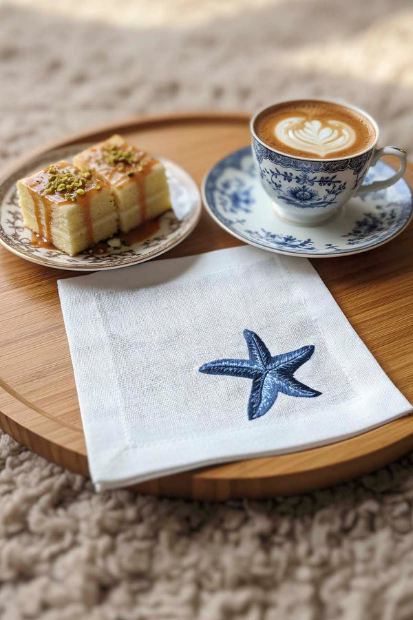 Marine Embroidered Set of 6 Napkins, Cocktail Napkins, Coffee Side Napkins, Coasters, 14x14 cm