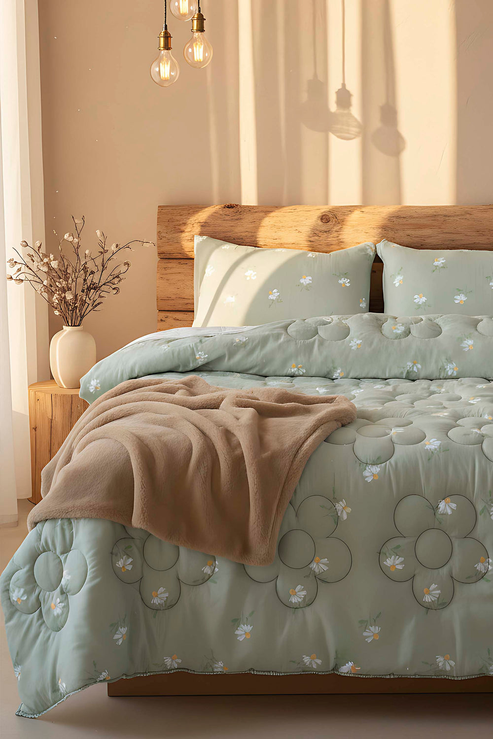 Green Daisy Single/Twin Reversible Quilt/Comforter – Cotton Fabric, All-Season, Single Piece, 160x215 cm