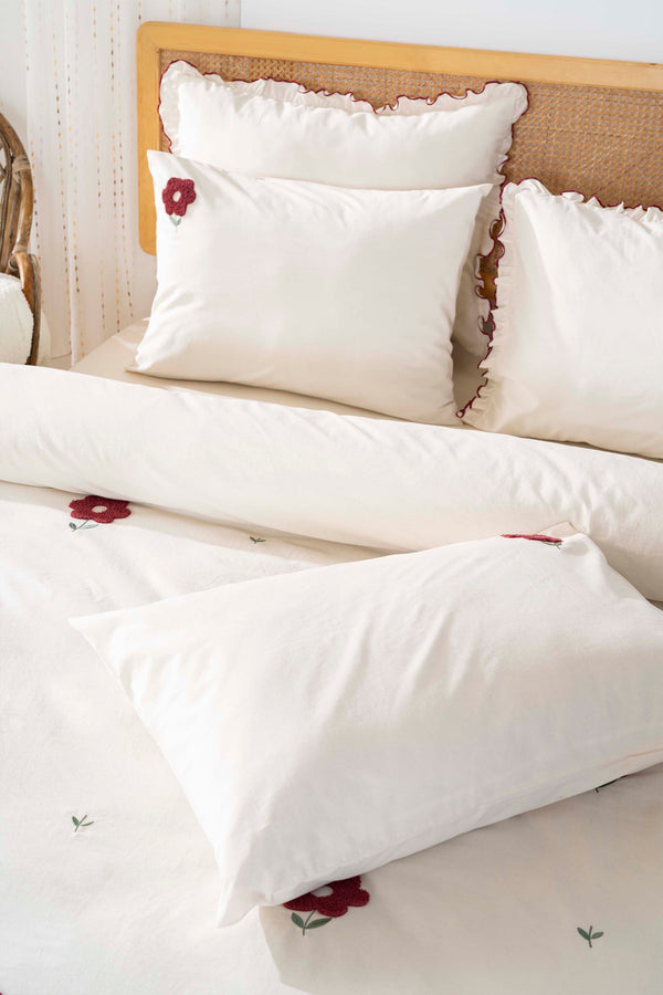 Florita Cherry 100% Cotton Embroidered Duvet Cover Set, 6-Piece Double Size Bedding – Breathable Fabric, 200x220 cm