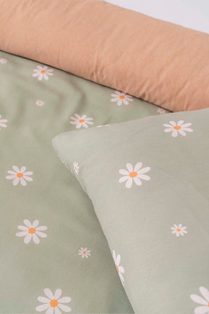 Minimal Green Daisy Double Duvet Cover Set Cotton