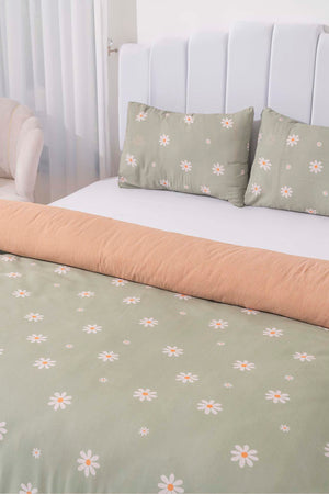 Minimal Green Daisy Double Duvet Cover Set Cotton