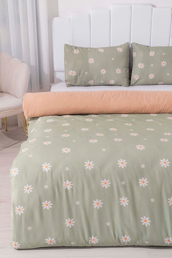Minimal Green Daisy Double Duvet Cover Set Cotton