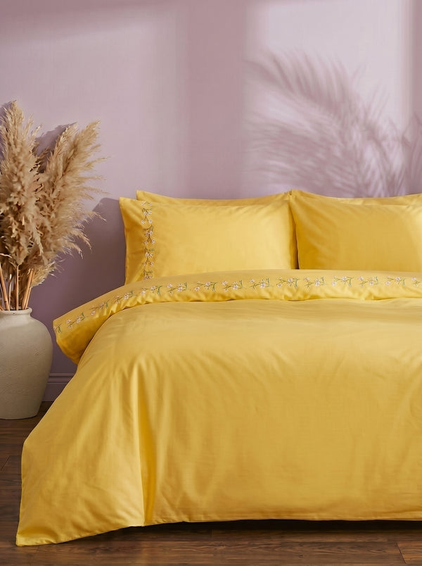 Alissa Yellow Floral Embroidered Cotton Double Duvet Cover Set – 6 Pieces